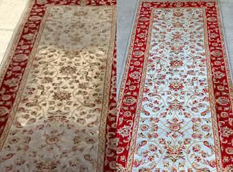 Before and after comparison of a qaleen carpet cleaned by Al-Safa