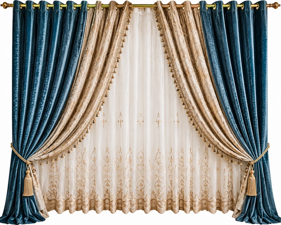 Elegant blue and gold curtains cleaned and restored by Al-Safa