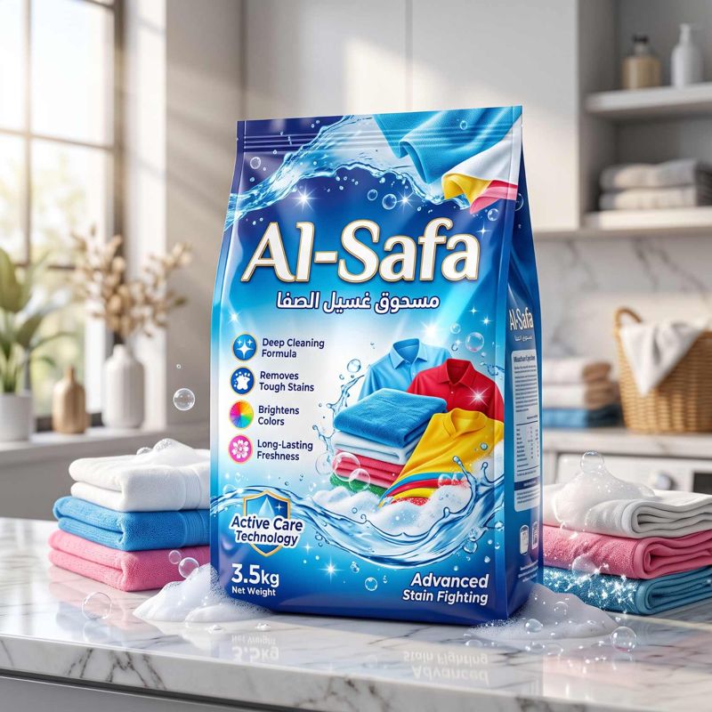 Al-Safa Washing Powder pack in a laundry room setting